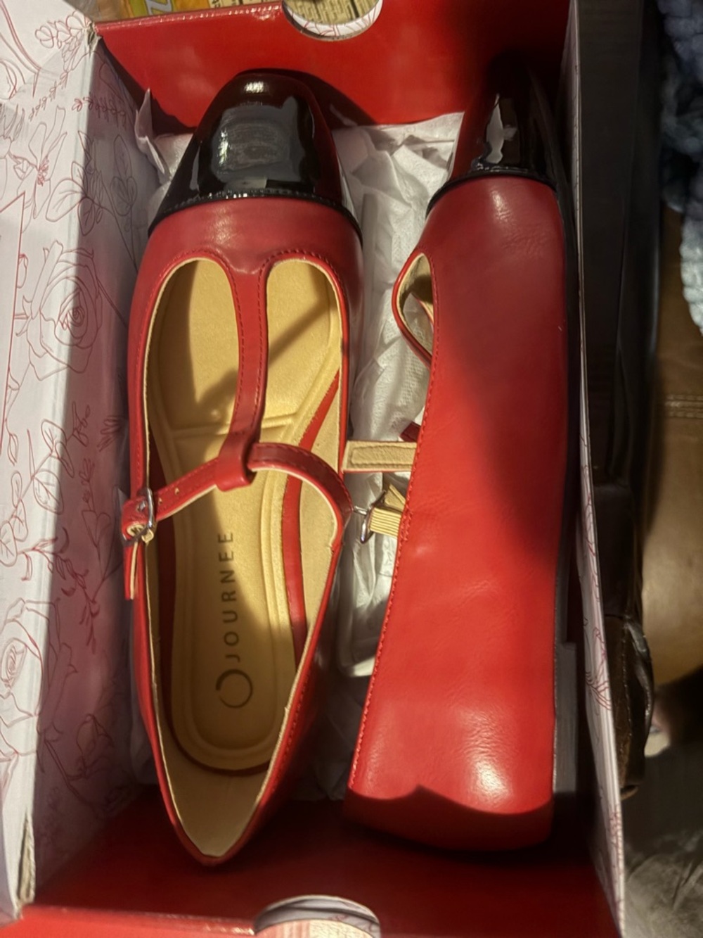 Journee Collection Red T-Strap Flats with Black Cap Toe - Picture 2 of 5